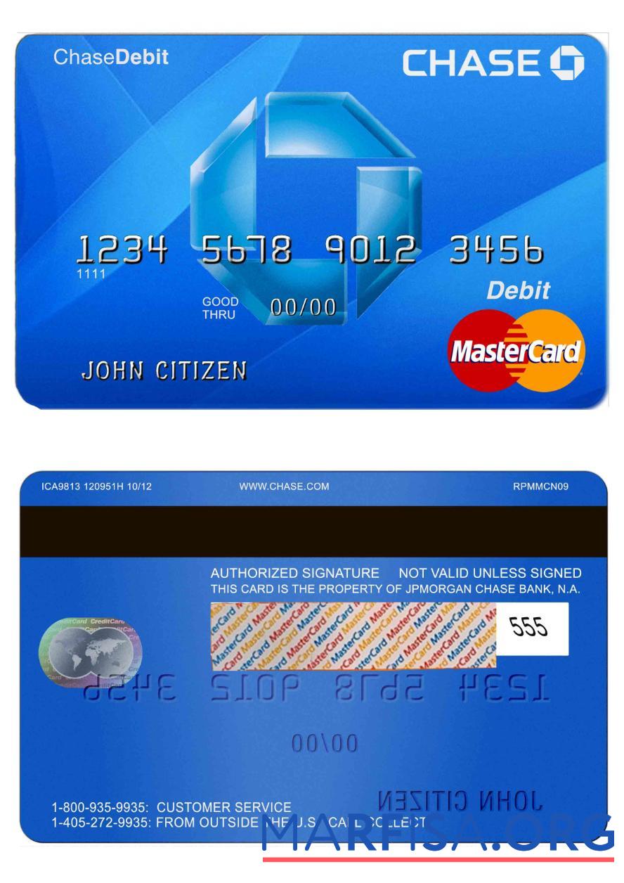 Printable USA Chase bank MasterCard debit card example